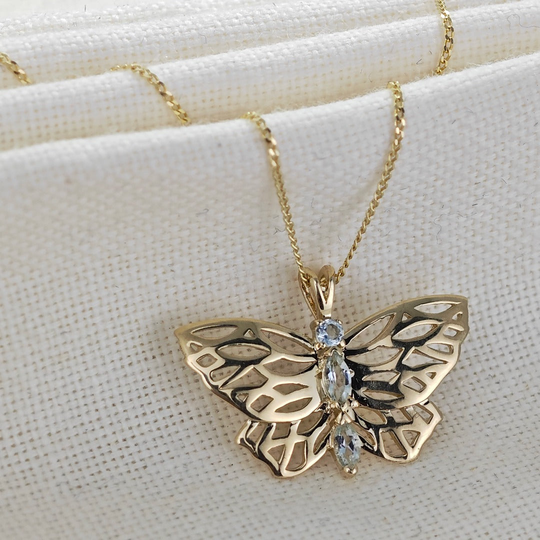 9ct Aquamarine Butterfly Necklace Gold Hallmarked UK Design Handmade