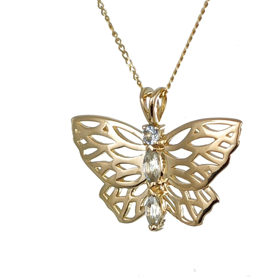 9ct Aquamarine Butterfly Necklace Gold Hallmarked UK Design Handmade