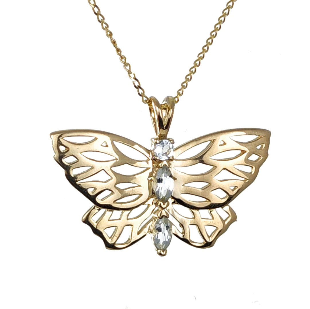 9ct Aquamarine Butterfly Necklace Gold Hallmarked UK Design Handmade