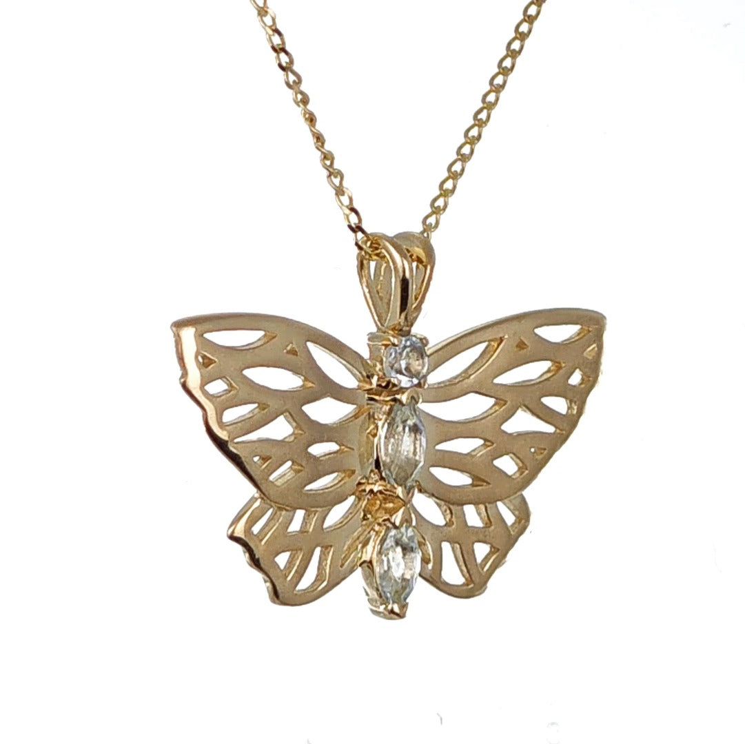 9ct Aquamarine Butterfly Necklace Gold Hallmarked UK Design Handmade