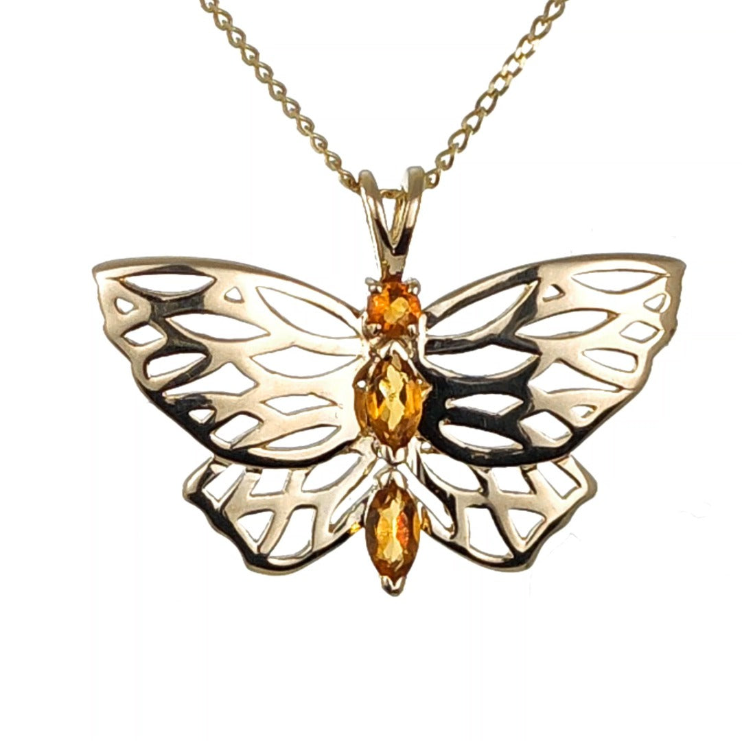 9ct Citrine Butterfly Necklace Yellow Gold Hallmarked UK Design Handmade
