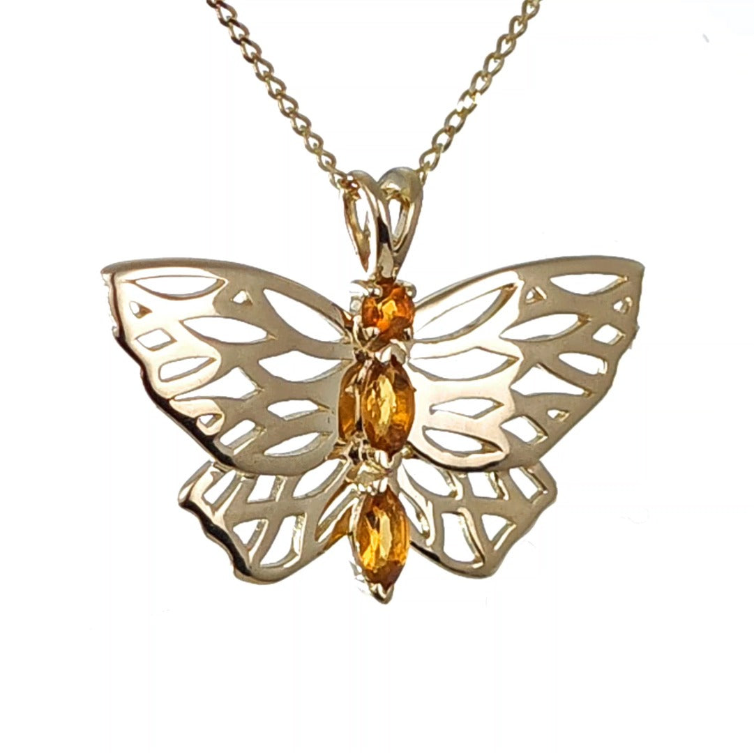 9ct Citrine Butterfly Necklace Yellow Gold Hallmarked UK Design Handmade