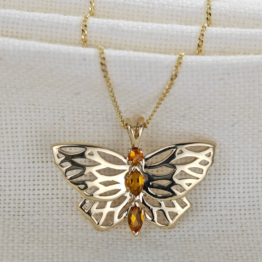 9ct Citrine Butterfly Necklace Yellow Gold Hallmarked UK Design Handmade