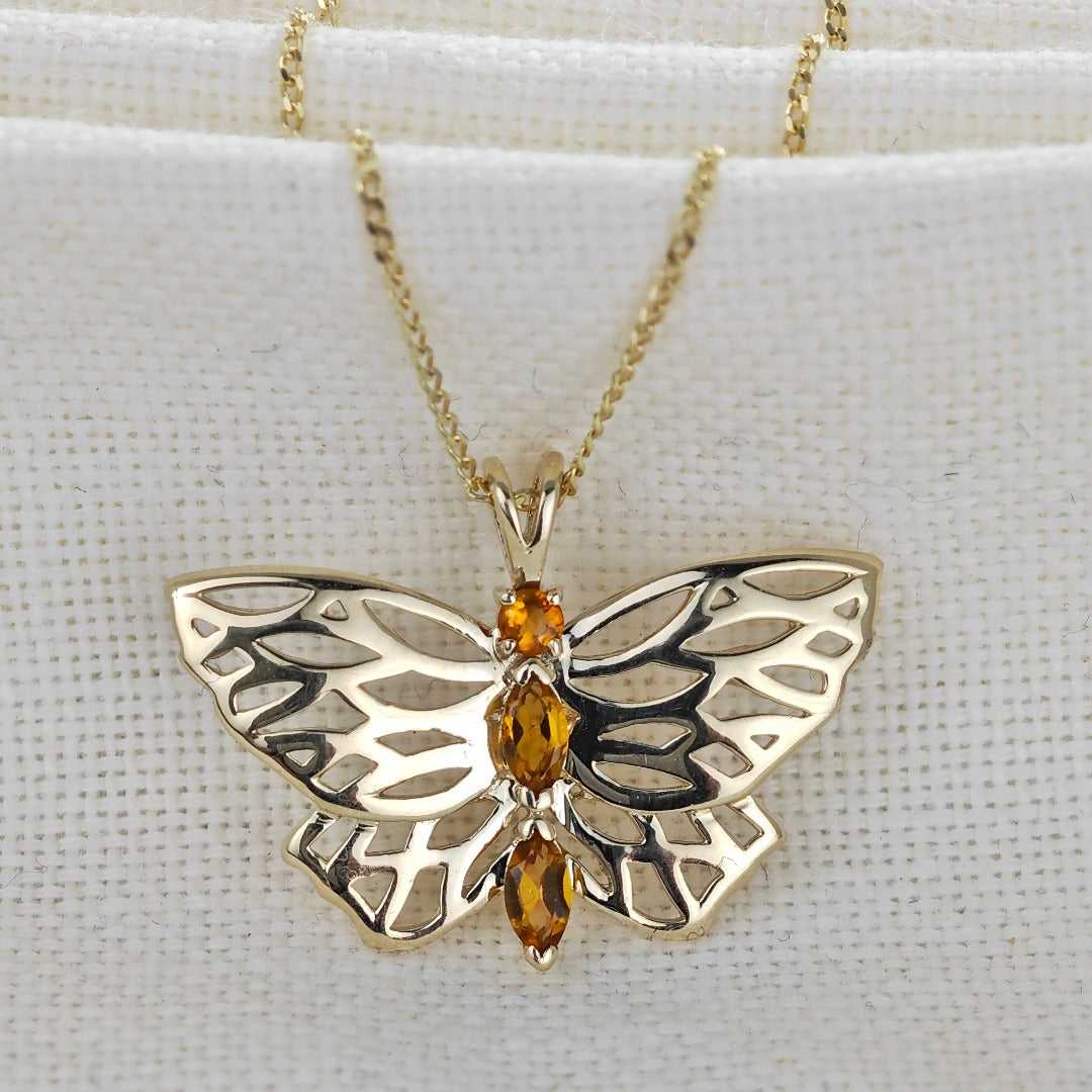 9ct Citrine Butterfly Necklace Yellow Gold Hallmarked UK Design Handmade