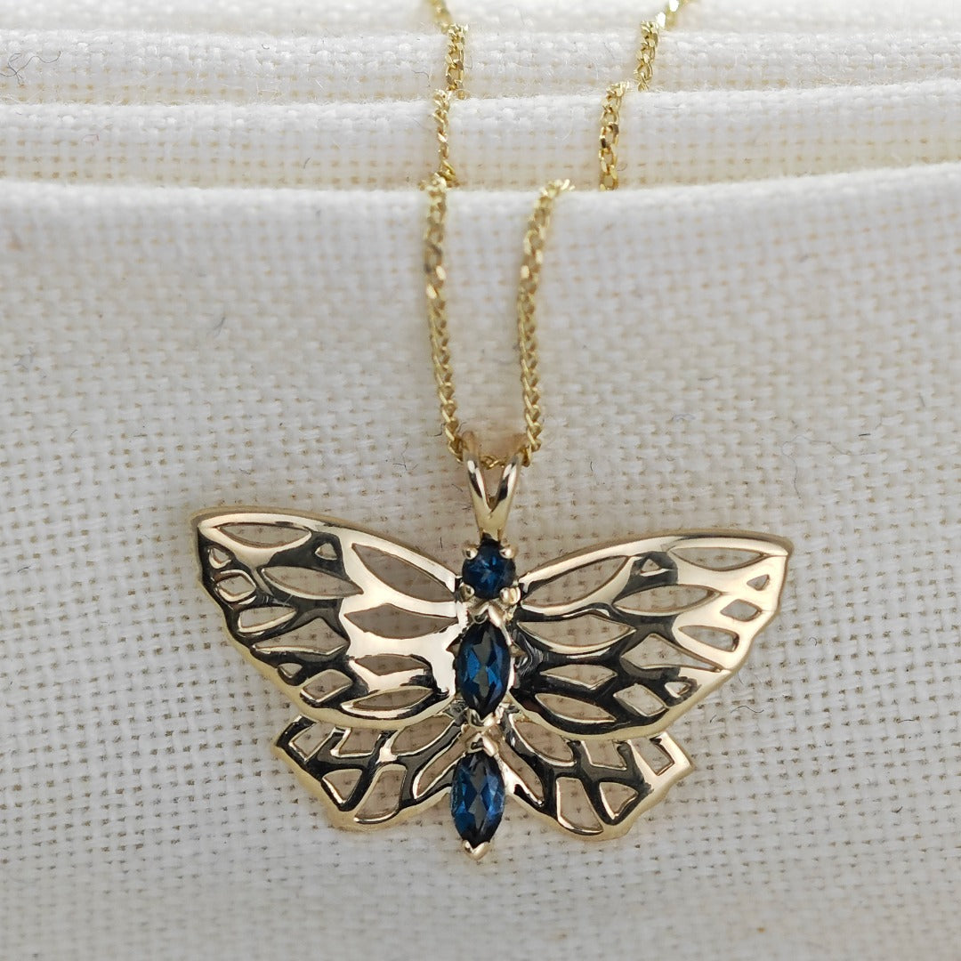 9ct Butterfly Necklace Yellow Gold London Blue Topaz Treated Hallmarked UK Design Handmade