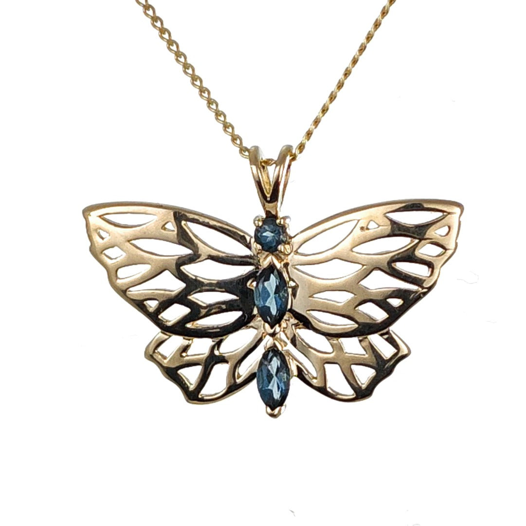 9ct Butterfly Necklace Yellow Gold London Blue Topaz Treated Hallmarked UK Design Handmade