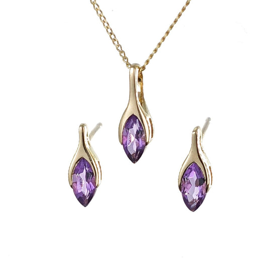 9ct Gold Set Amethyst Pendant Earrings Minimalist Marquise