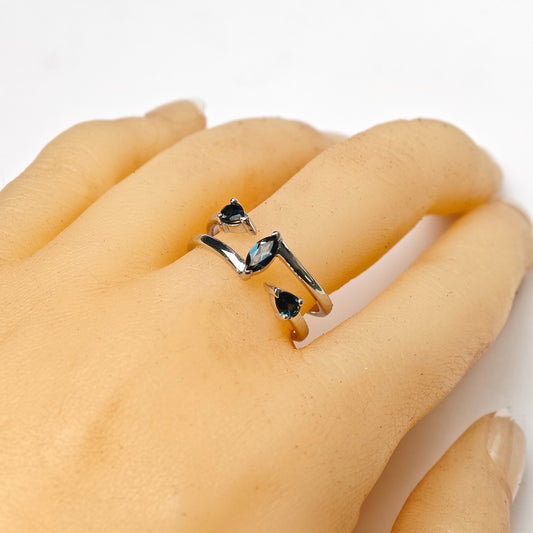 London Blue Topaz Ring Adjustable M -S  Sterling Silver Marquise Trilogy