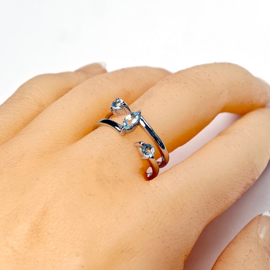 Blue Topaz Ring Adjustable Sterling Silver Marquise Trilogy