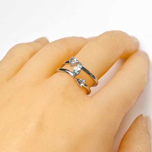 Aquamarine Ring Adjustable Sterling Silver Marquise Trilogy