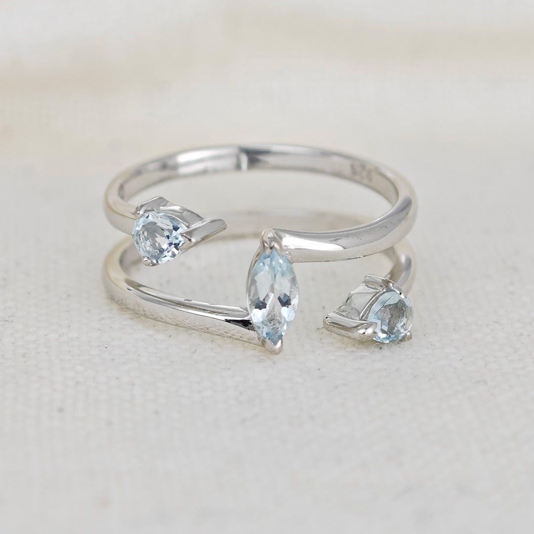Aquamarine Ring Adjustable Sterling Silver Marquise Trilogy