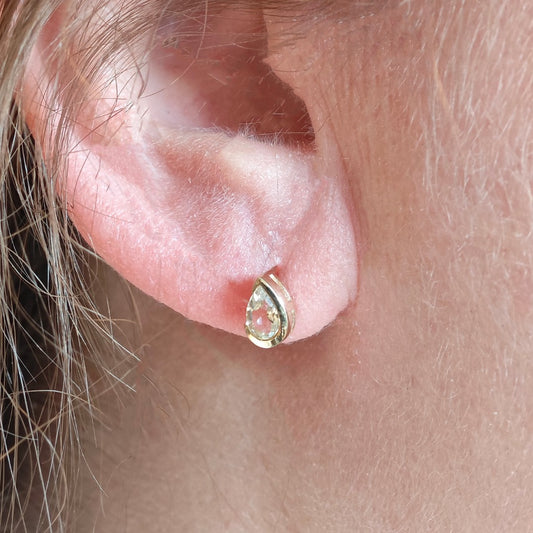 White Topaz Earrings 9ct Yellow Gold Studs Infinity Loop