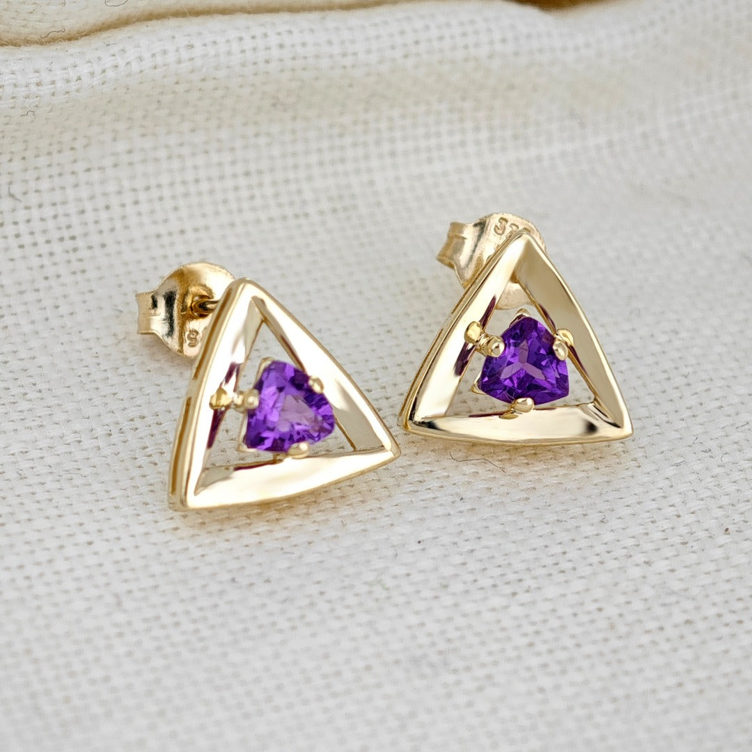 9ct Yellow Gold Triangle Amethyst Earrings