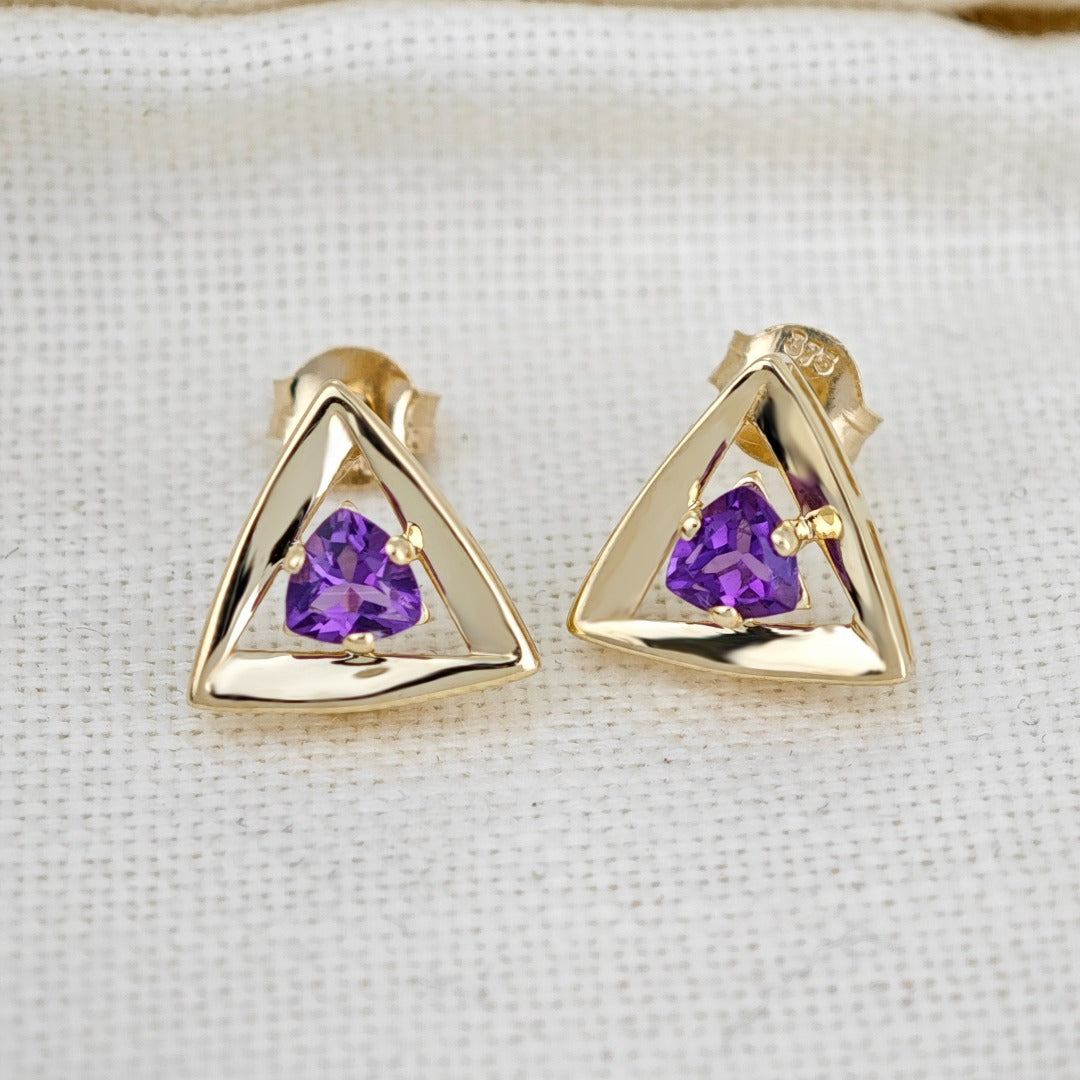 9ct Yellow Gold Triangle Amethyst Earrings