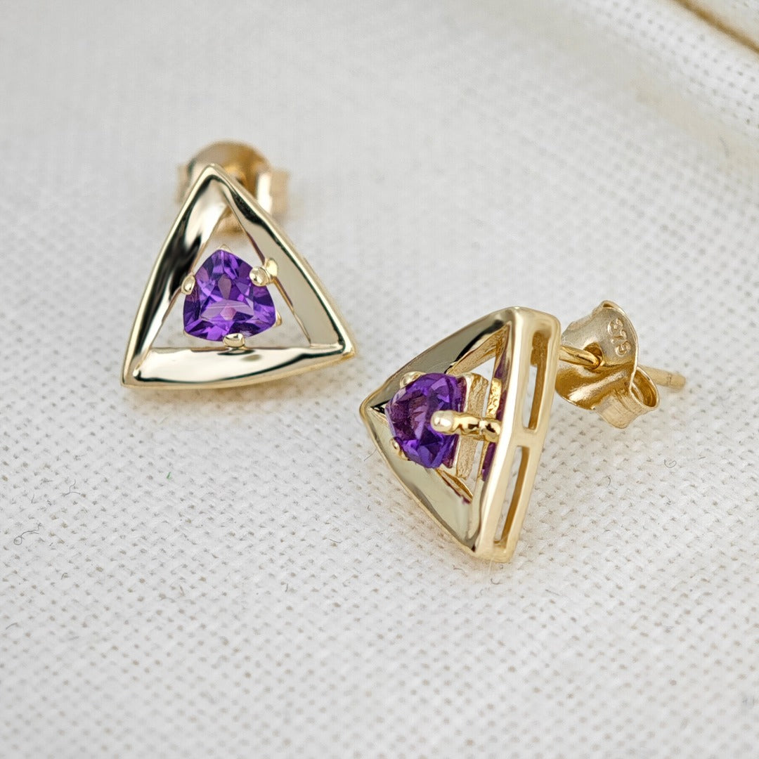 9ct Yellow Gold Triangle Amethyst Earrings
