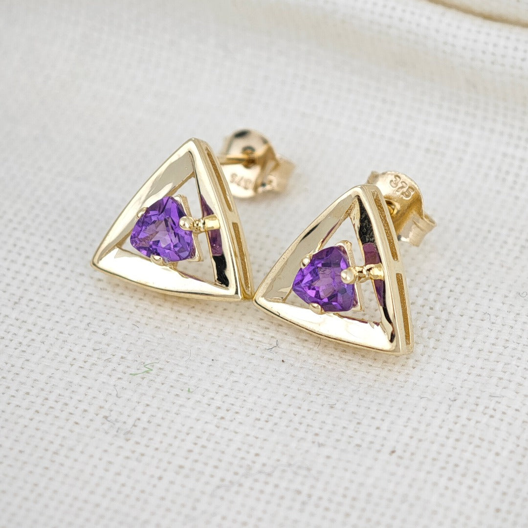 9ct Yellow Gold Triangle Amethyst Earrings