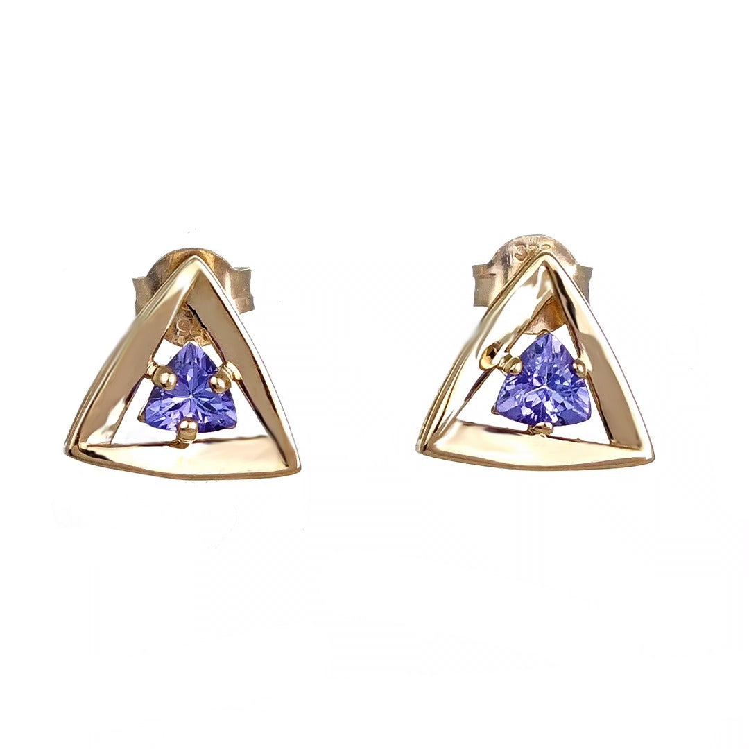 Tanzanite Earrings 9ct Yellow Gold Studs Studs Trillion
