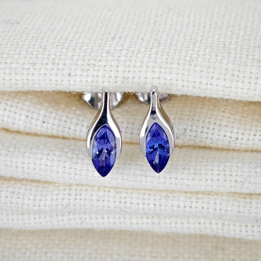 Tanzanite Earrings 9ct White Gold Studs Minimalist Marquise