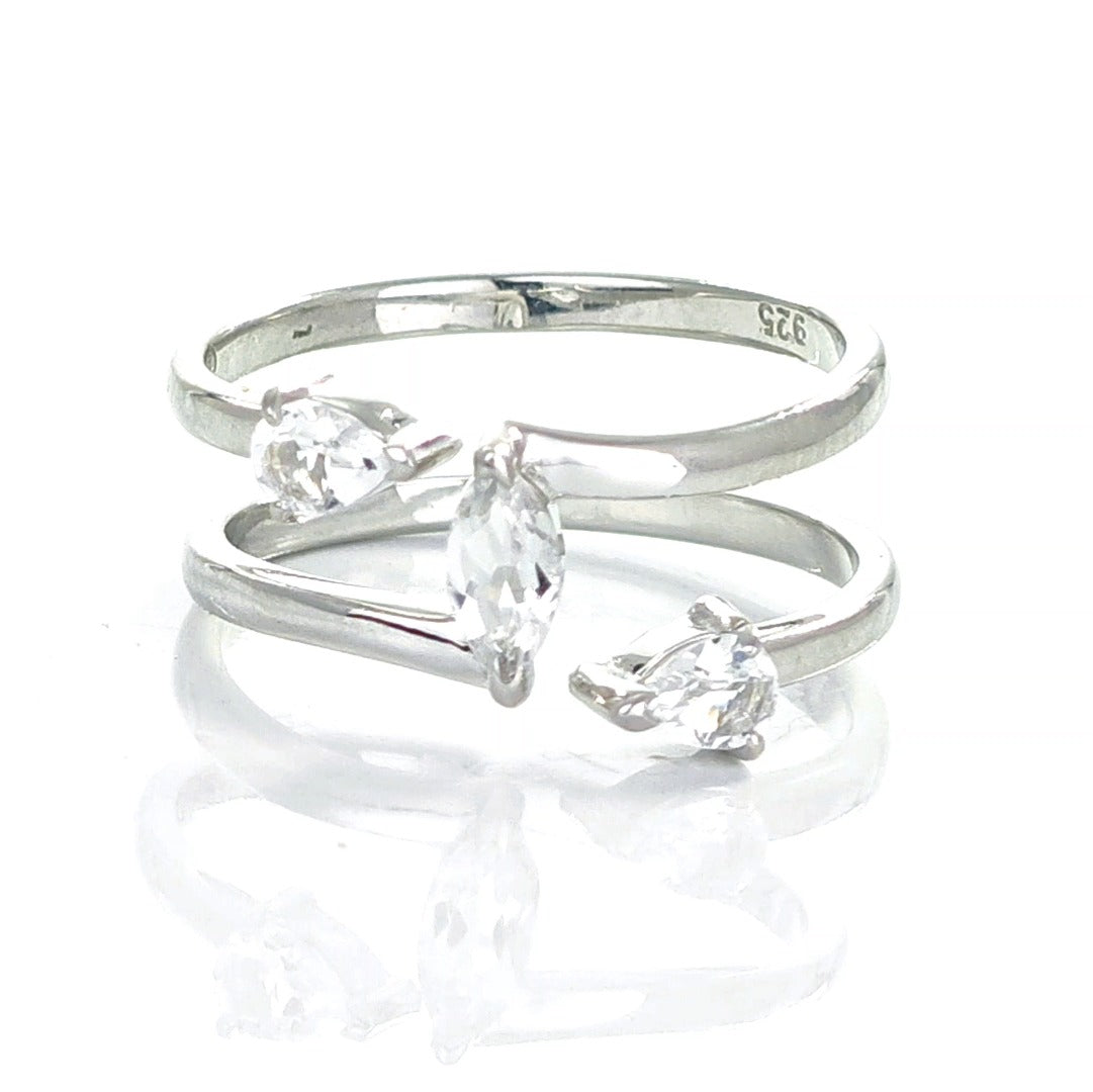 white topaz ring adjustable sterling silver marquise trilogy designed in the UK