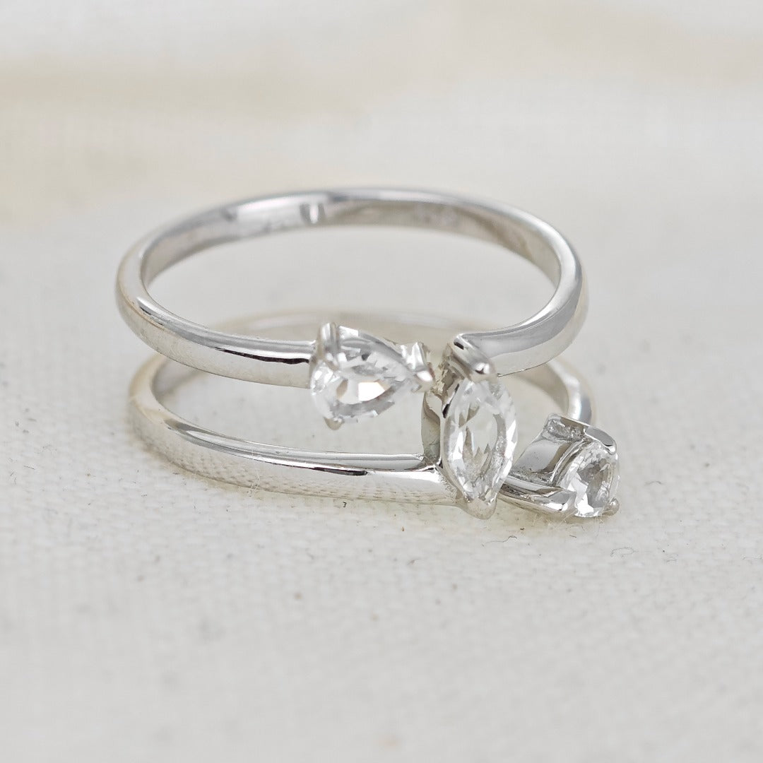 White Topaz Ring Adjustable Sterling Silver Marquise Trilogy
