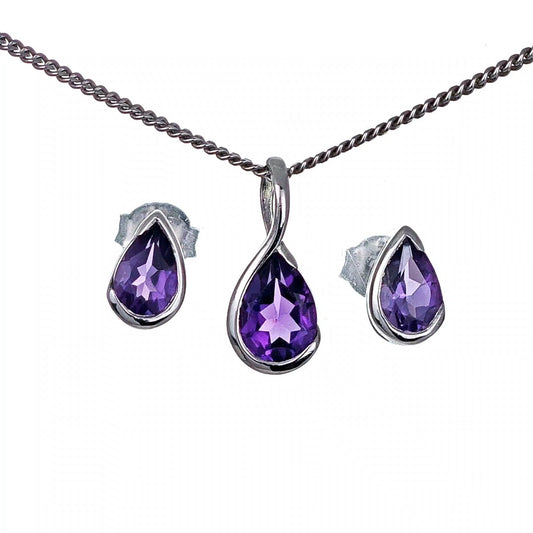 Amethyst Necklace Stud Earring Set Sterling Silver Infinity Loop