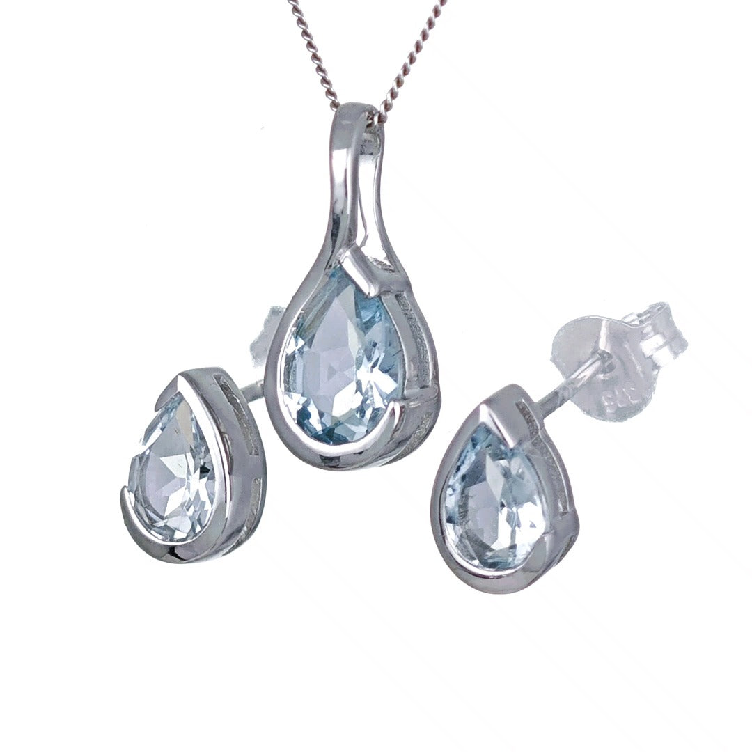 9ct White Gold Aquamarine Set Pendant Earring Infinity Loop