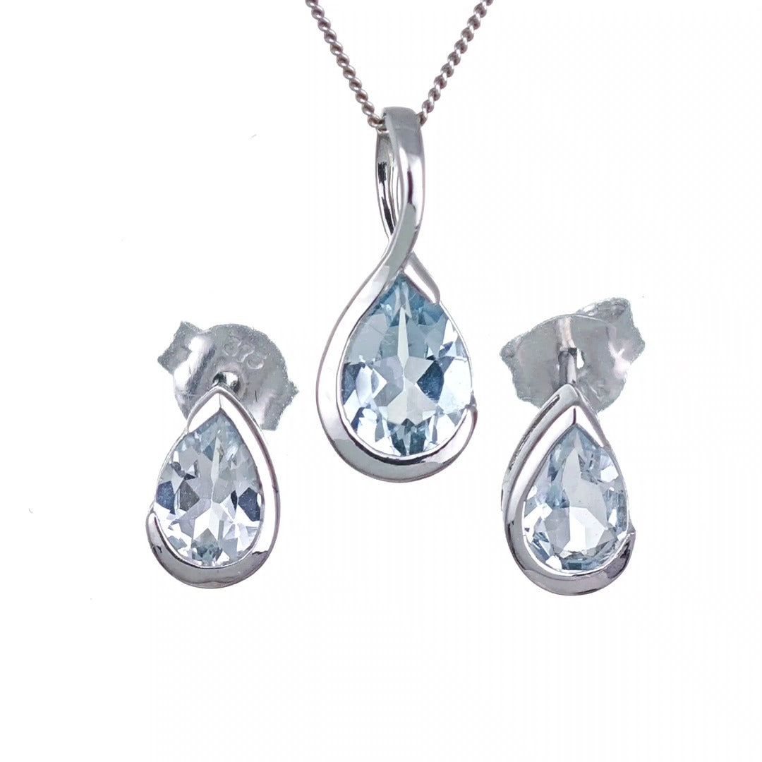 9ct White Gold Aquamarine Set Pendant Earring Infinity Loop