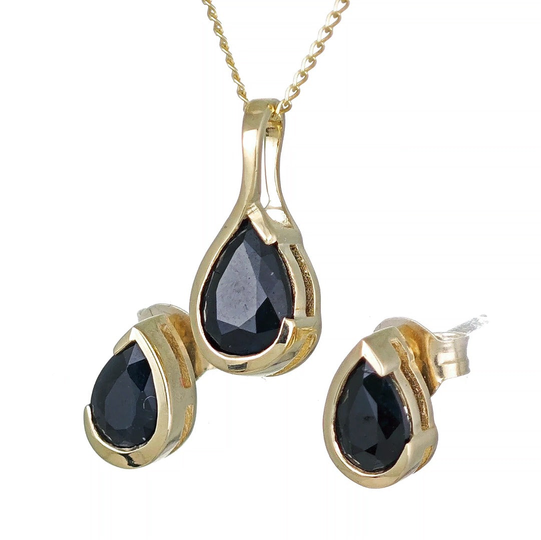 9ct Yellow Gold Sapphire Set Pendant Stud Earrings Infinity Loop Natural Gemstone