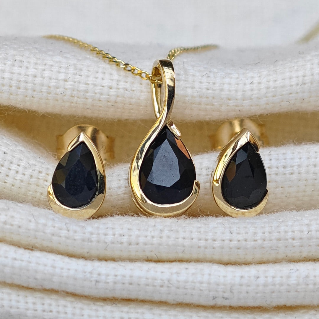 9ct Yellow Gold Sapphire Set Pendant Stud Earrings Infinity Loop Natural Gemstone
