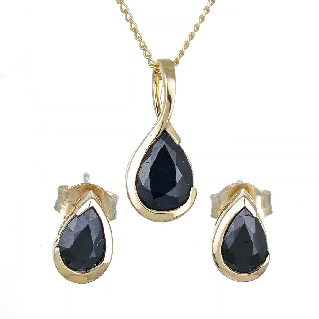 9ct Yellow Gold Sapphire Set Pendant Stud Earrings Infinity Loop Natural Gemstone