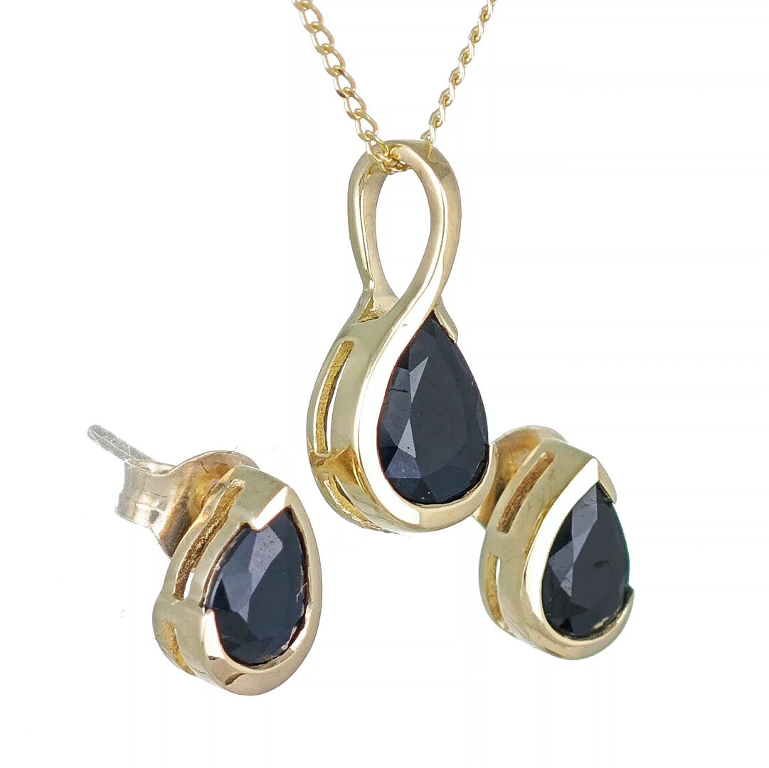 9ct Yellow Gold Sapphire Set Pendant Stud Earrings Infinity Loop Natural Gemstone