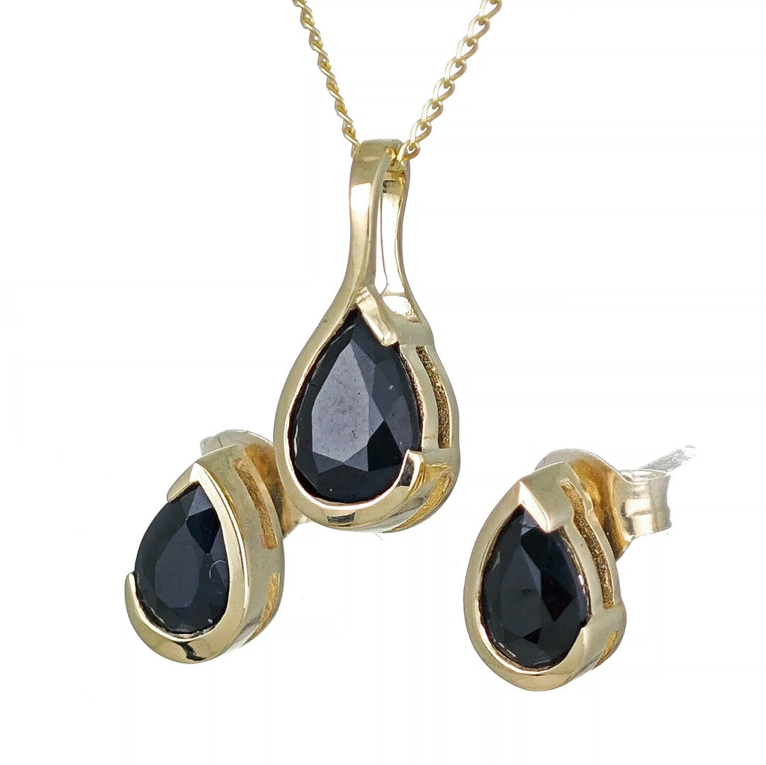 9ct Yellow Gold Sapphire Set Pendant Stud Earrings Infinity Loop Natural Gemstone