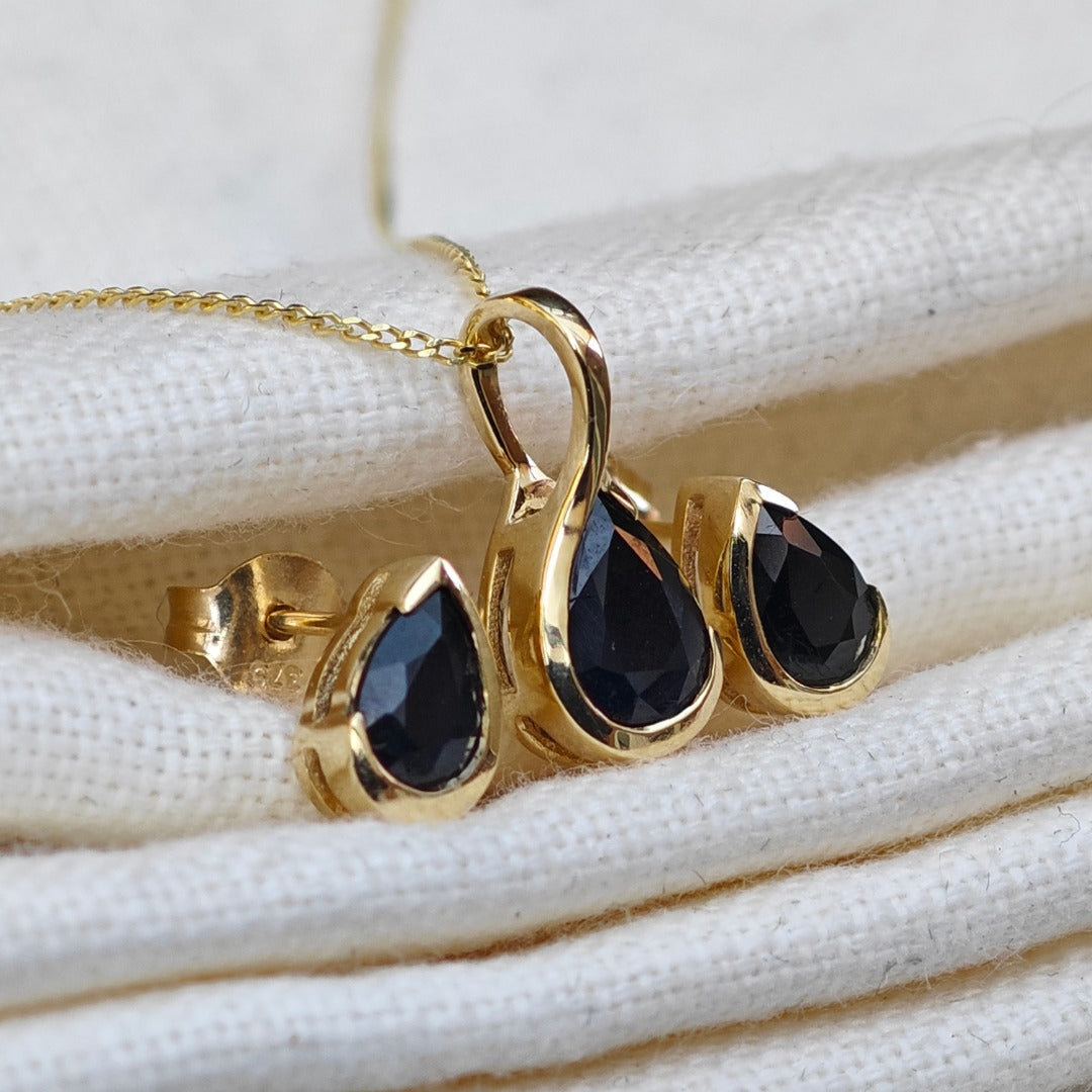 9ct Yellow Gold Sapphire Set Pendant Stud Earrings Infinity Loop Natural Gemstone