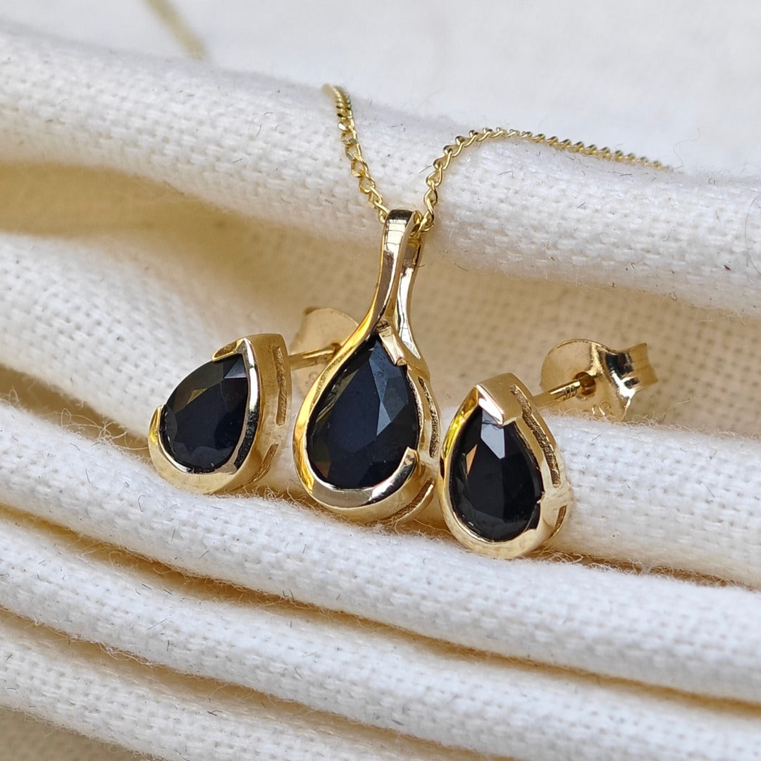 9ct Yellow Gold Sapphire Set Pendant Stud Earrings Infinity Loop Natural Gemstone