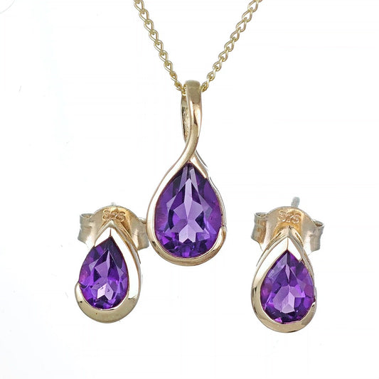 Amethyst Set Pendant and Earrings 9ct Yellow Gold Infinity Loop