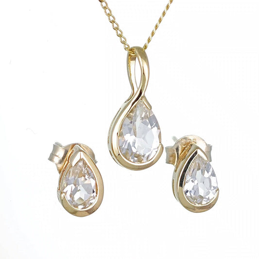 White Topaz Set Pendant and Earrings 9ct Yellow Gold Infinity Loop