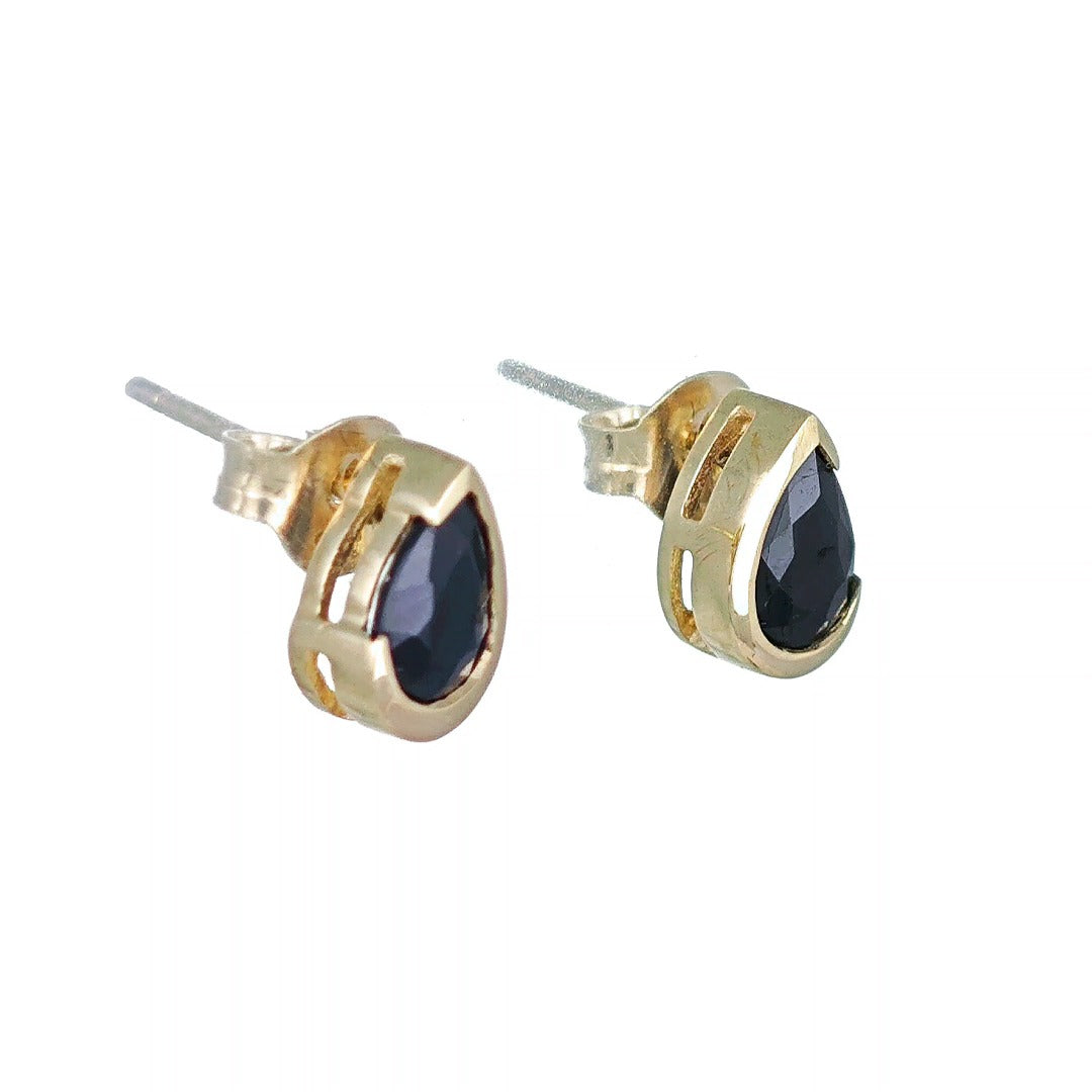 9ct Yellow Gold Sapphire Earrings Natural Inky Blue Gemstone Studs Handmade