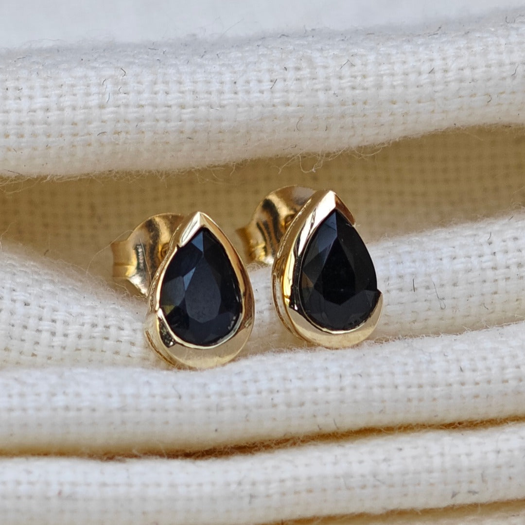 9ct Yellow Gold Sapphire Earrings Natural Inky Blue Gemstone Studs Handmade