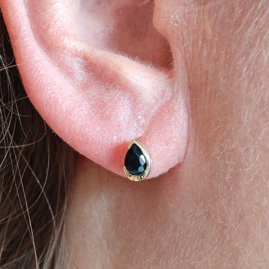 9ct Yellow Gold Sapphire Earrings Natural Inky Blue Gemstone Studs Handmade