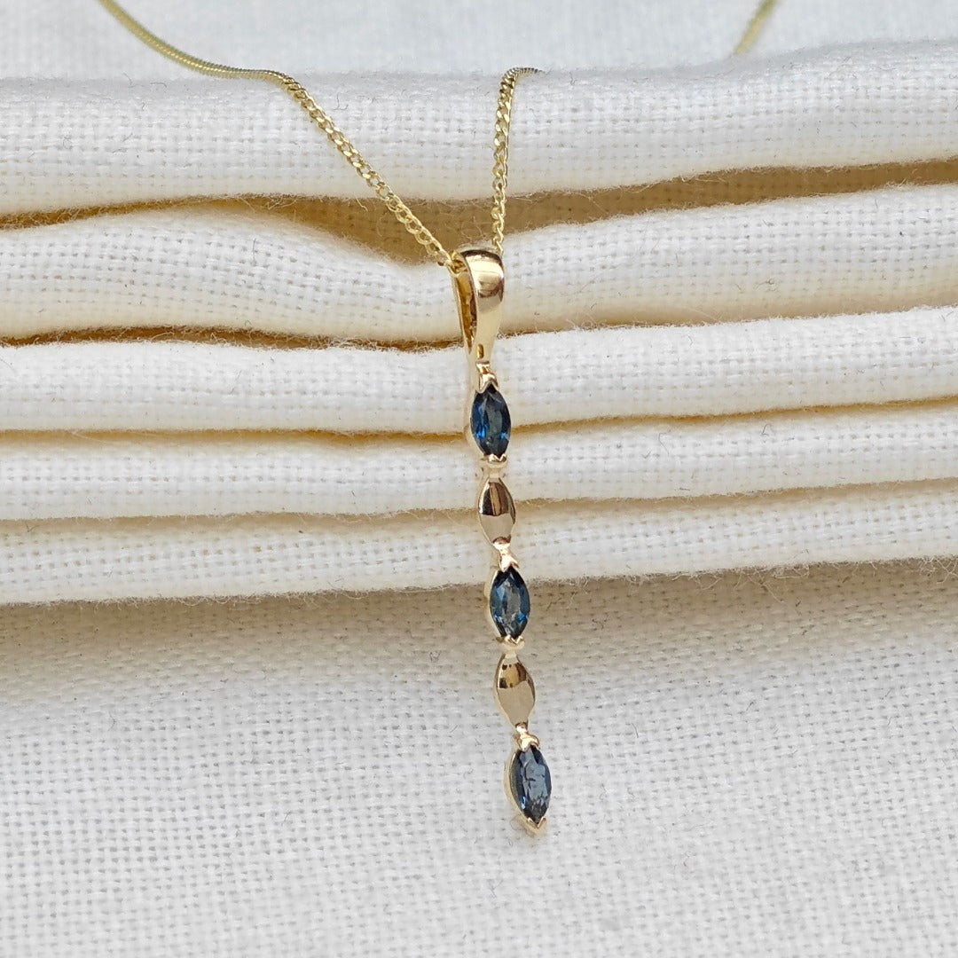 9ct Gold Pendant London Blue Topaz Marquise Gemstones