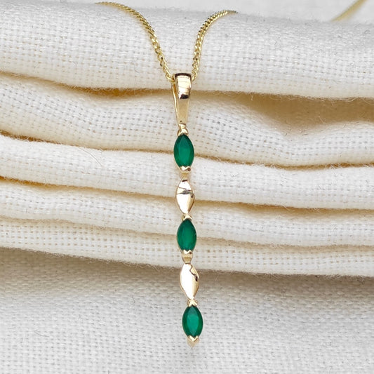 9ct Yellow Gold Green Onyx Necklace Natural Marquise Gemstones