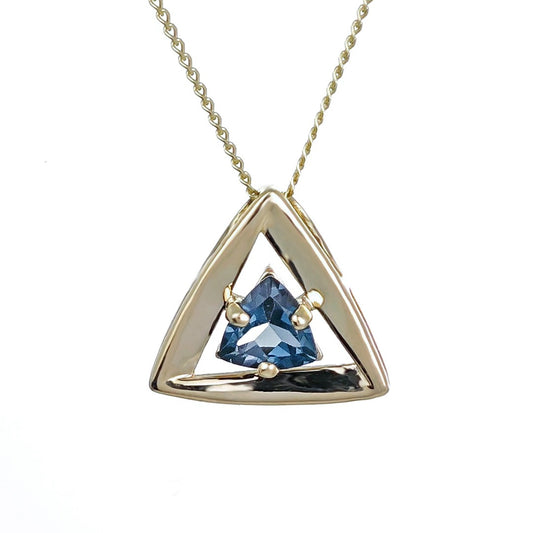 9ct Yellow Gold Topaz Pendant  Natural Treated London Blue Trillion Gemstone