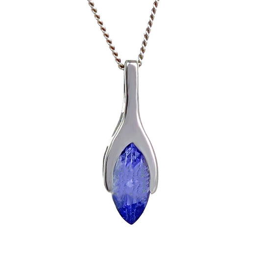 9ct White Gold Tanzanite Pendant SMALL Minimalist Marquise Blue Natural Gemstone