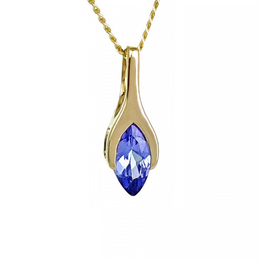 9ct Gold Tanzanite Pendant SMALL Minimalist Marquise Blue Natural Gemstone