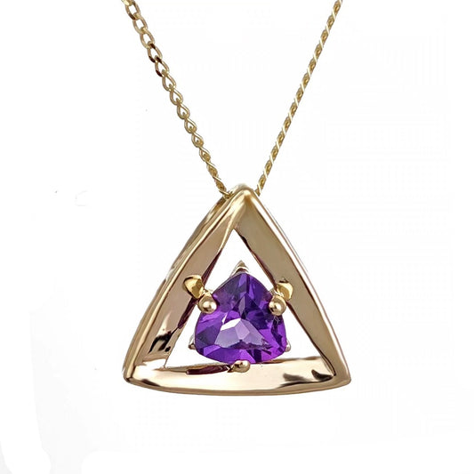 9ct Gold Triangle Amethyst Pendant Natural Purple Trillion Gemstone