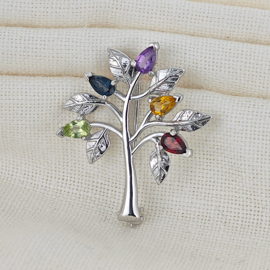 Tree of Life Brooch Sterling Silver Gemstone Elements Boxed Gift