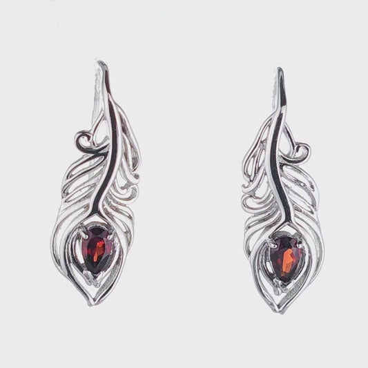 Garnet Peacock Feather Dangle Earrings Sterling Silver