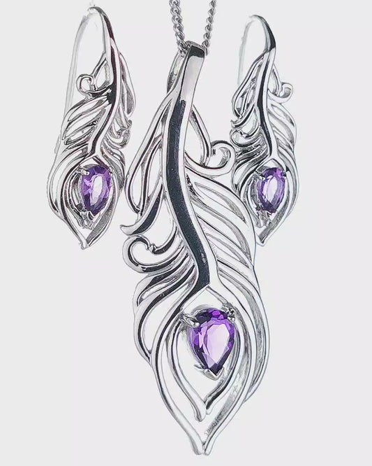 Amethyst Peacock Feather Set Necklace and Dangle Earrings Sterling Silver