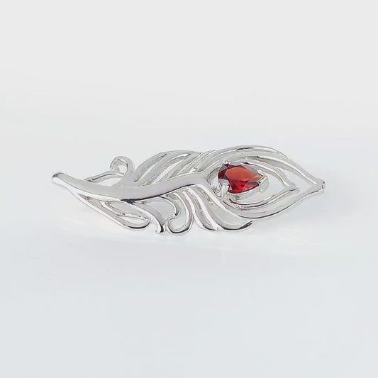 Garnet Sterling Silver Brooch Red 0.81ct Peacock Feather January Birthstone