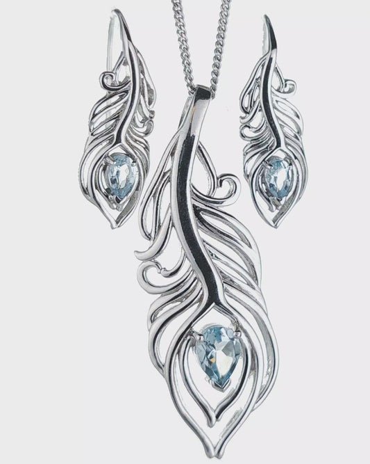 Sterling Silver Topaz Set Statement Necklace Dangle Earrings Peacock Feather December Birthstone